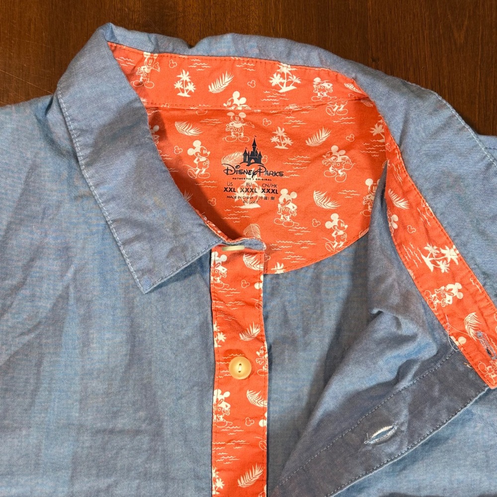 Disney Parks Mens Button Up Shirt XXL Blue Mickey Embroidered Tropical Contrast - Picture 4 of 8